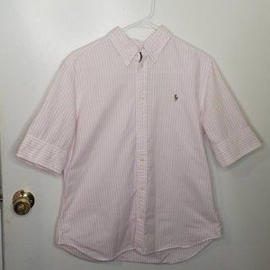 Ralph Lauren | Men's Pink White Striped Short Sleeve Button Front Shirt Large